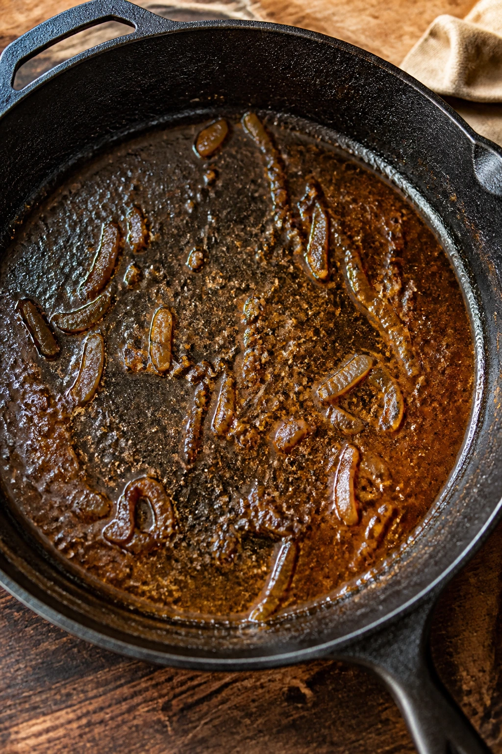 Close-up of a well-used cast-iron skillet with sauce and browned bits in a rustic kitchen
