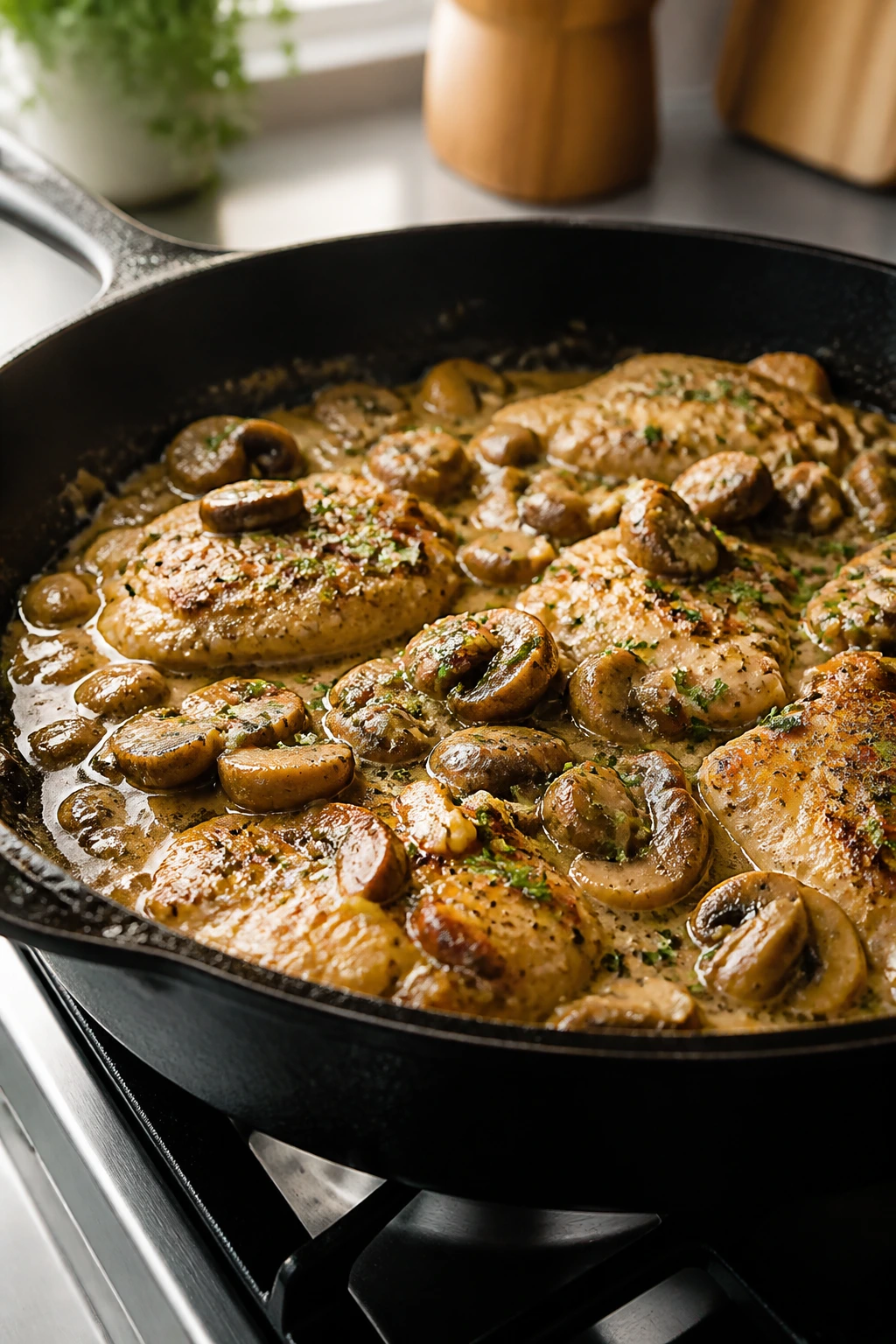 Close-up of a heavy cast-iron skillet on a stove with glossy sauce