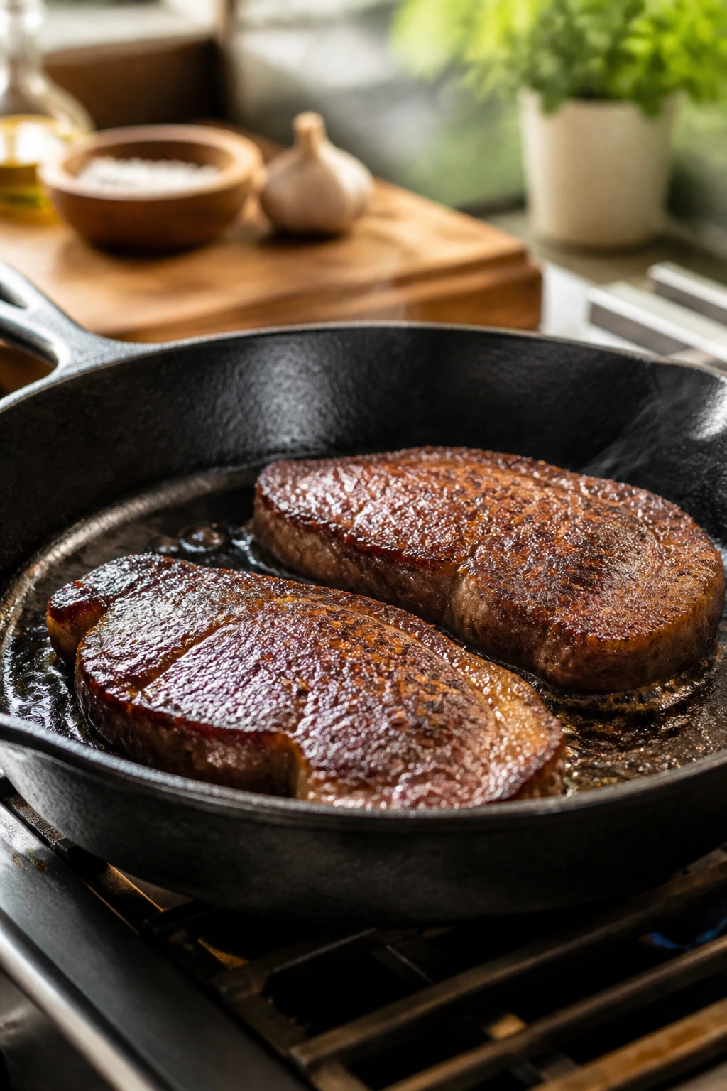 Close-up of a cast-iron skillet on a stove ready for searing