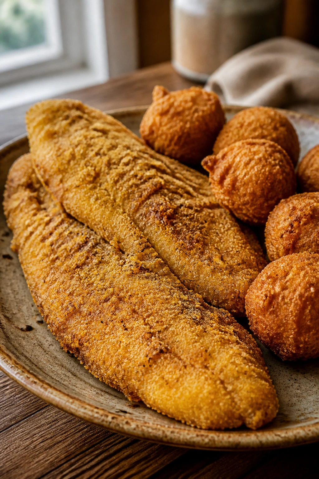Close-up of catfish with hush puppies on a rustic plate, golden crusts