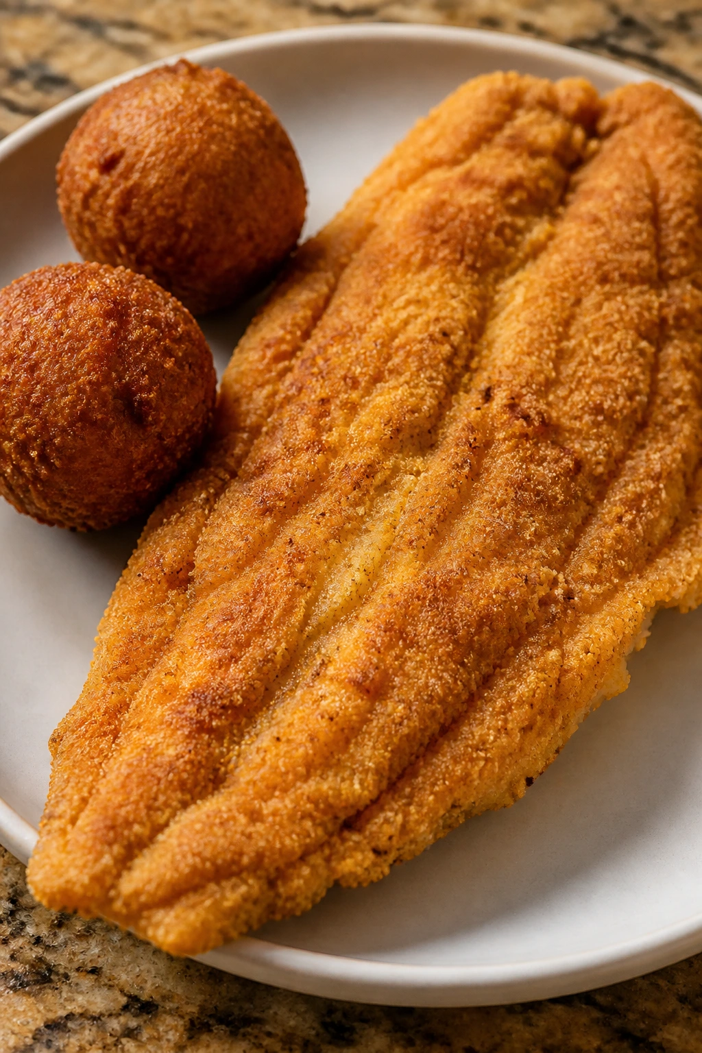 Close-up of crispy catfish with hush puppies on a plate in a warm kitchen