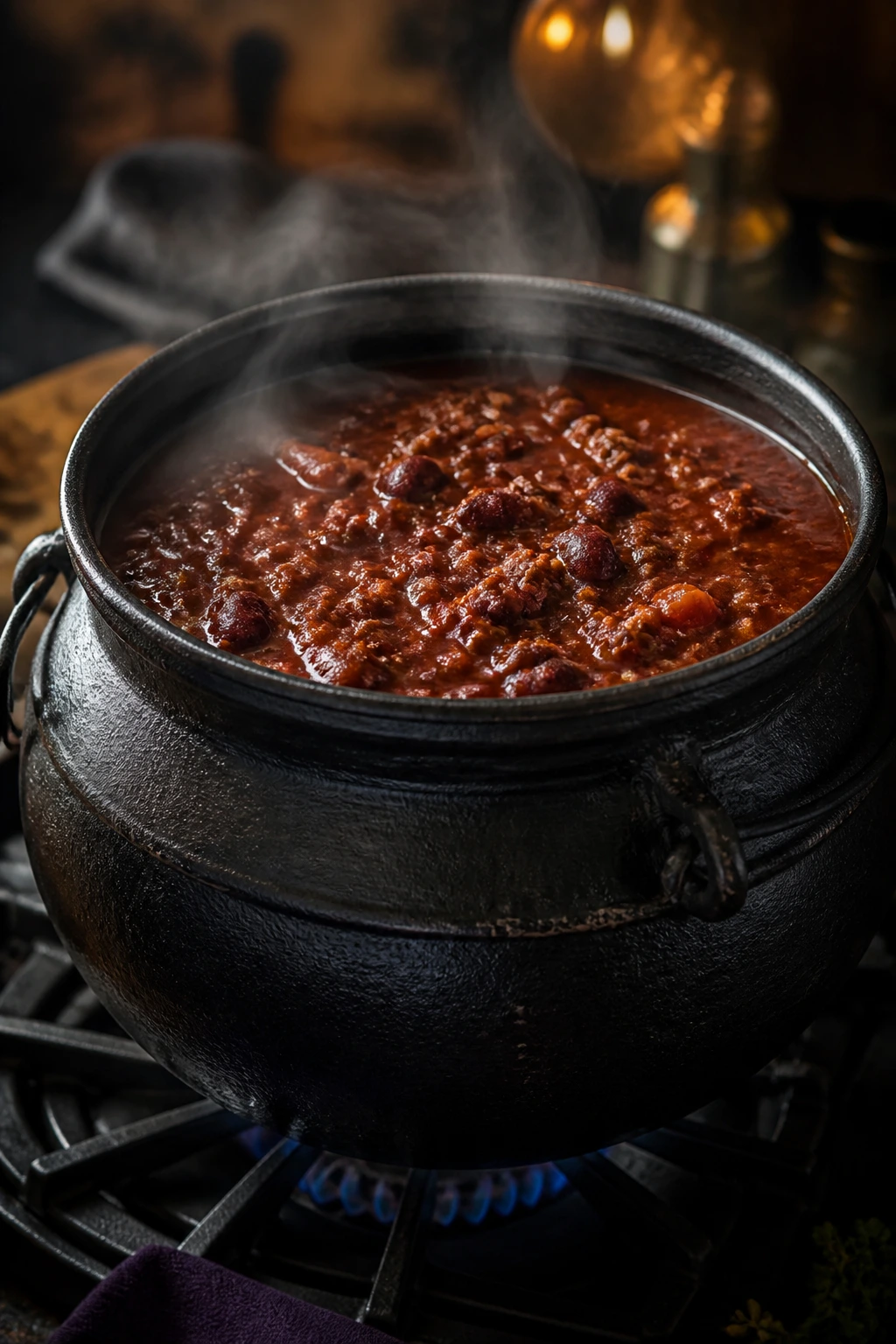Dark red chili in a black cauldron-style pot on a stove.