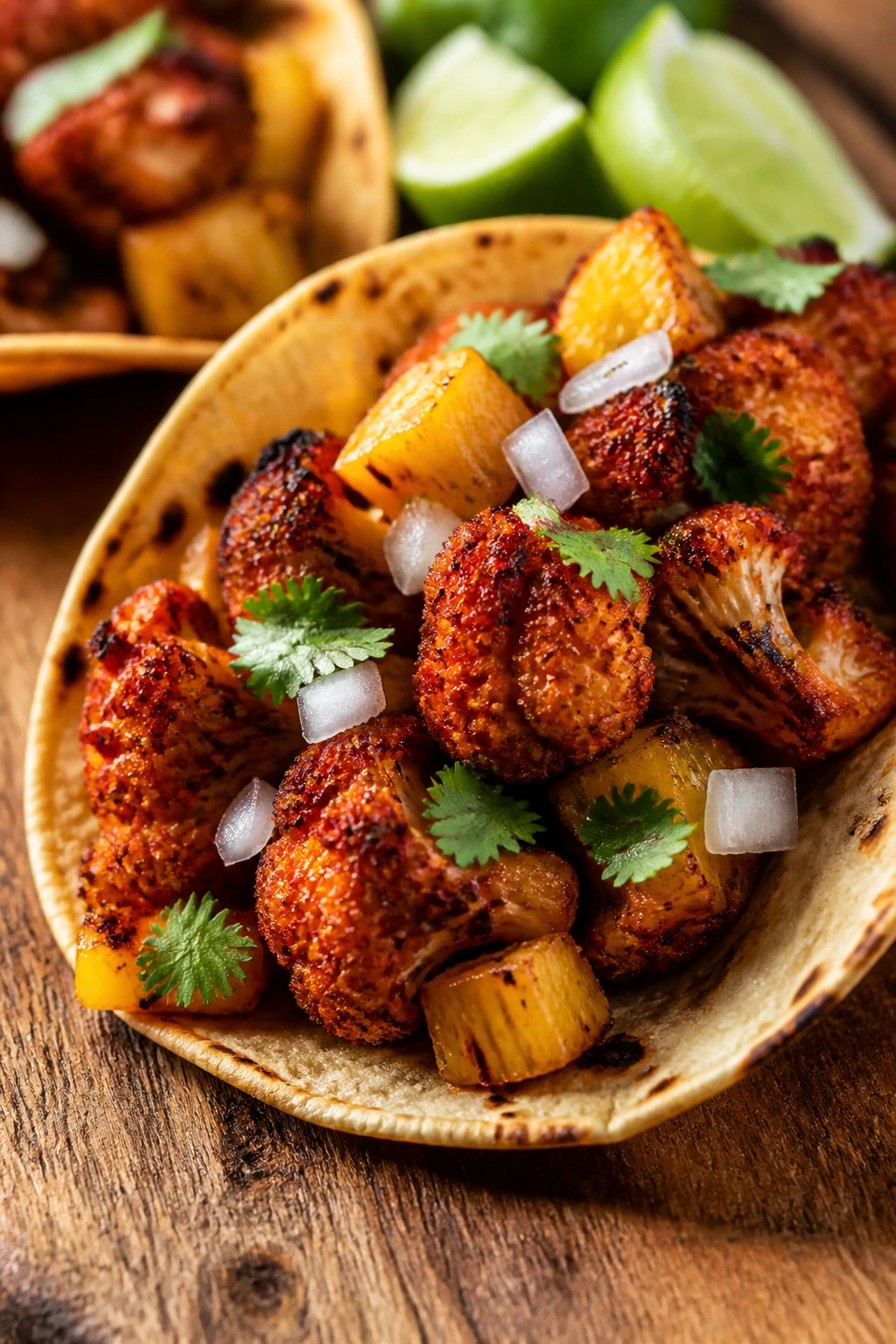 Close-up of cauliflower al pastor taco with achiote and pineapple