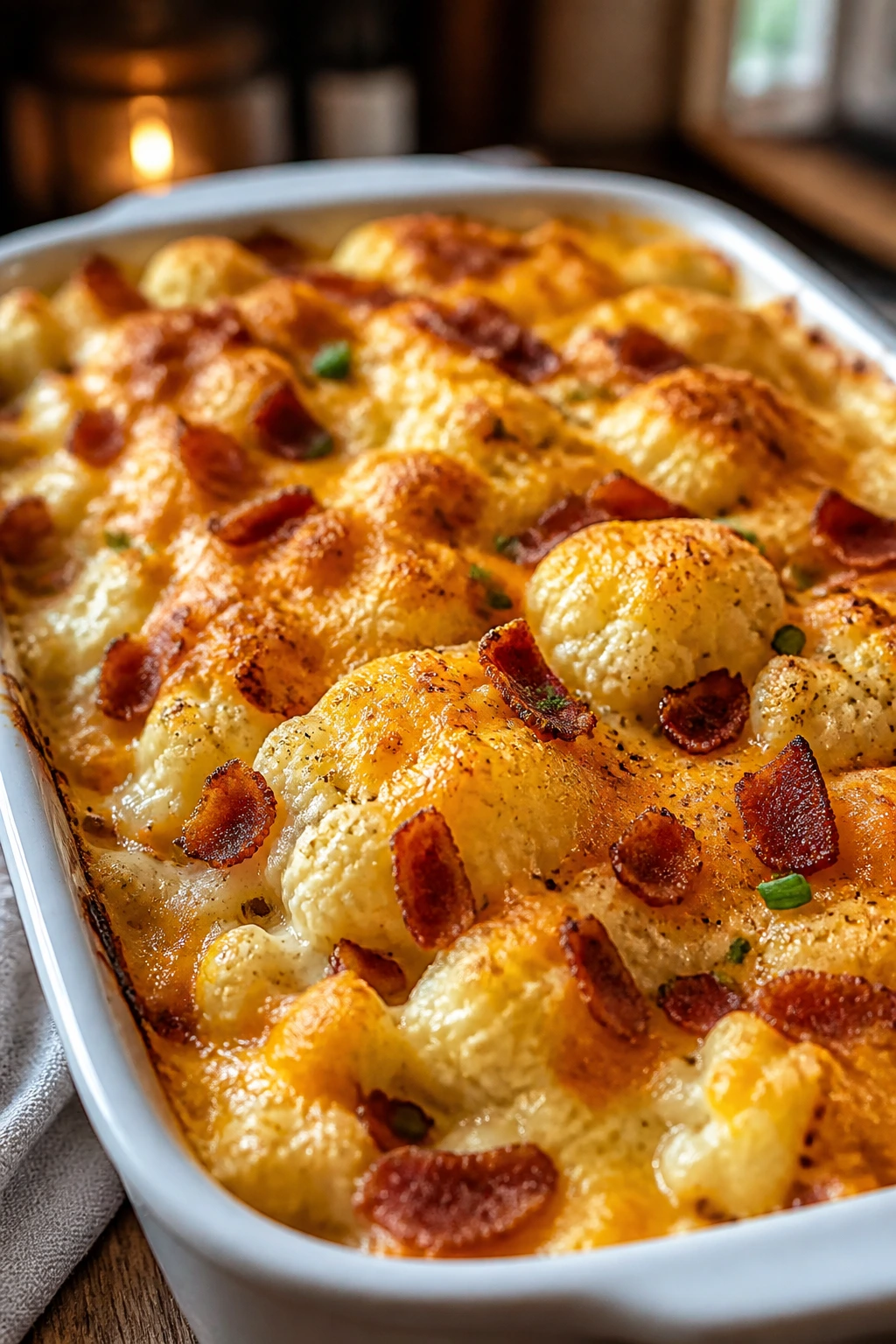 Close-up of loaded cauliflower and bacon bake with cheesy top