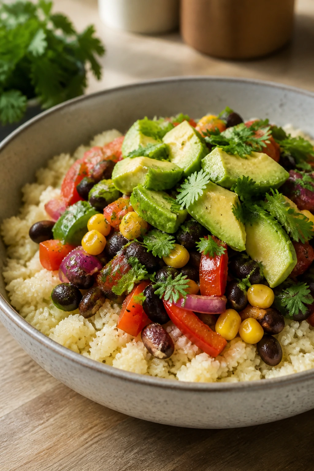 Burrito bowl with cauliflower rice base and colorful toppings
