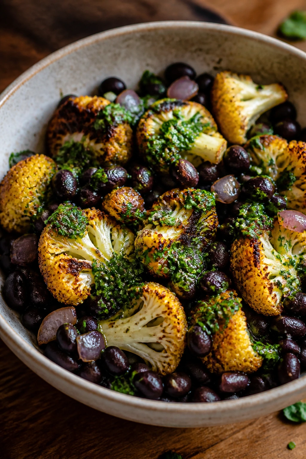 Close-up of a bowl with roasted cauliflower, black beans, and chimichurri