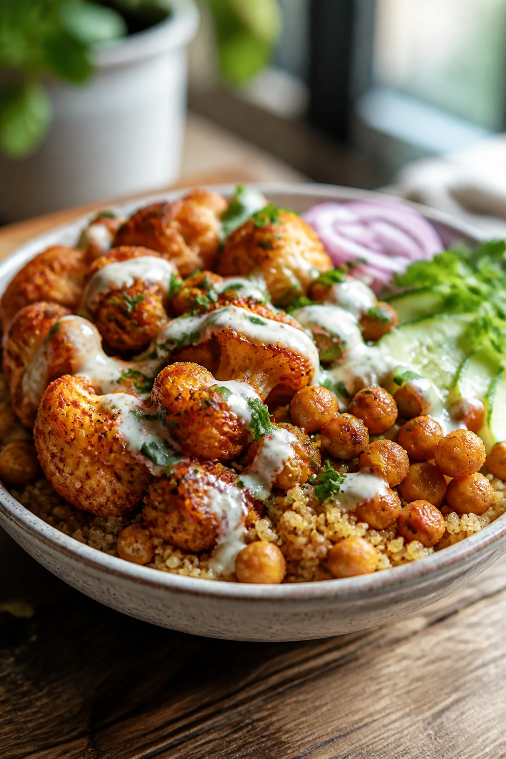 Harissa cauliflower and chickpea bowl with yogurt drizzle