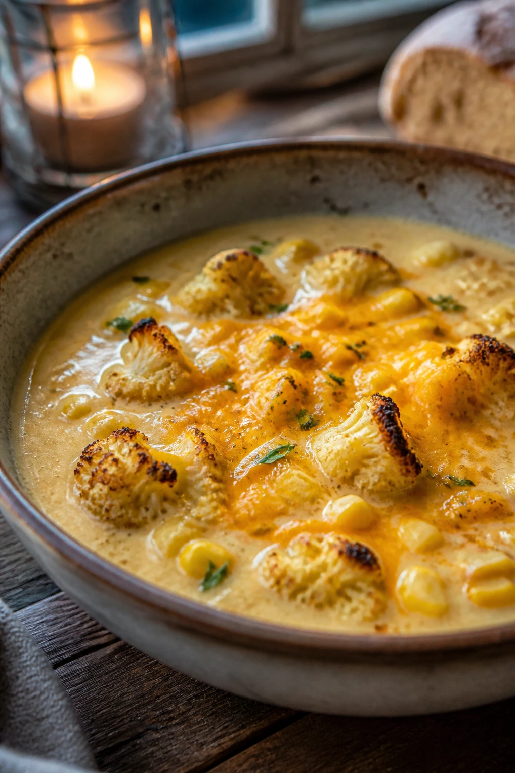 Close-up of creamy chowder with roasted cauliflower and corn in a rustic bowl.