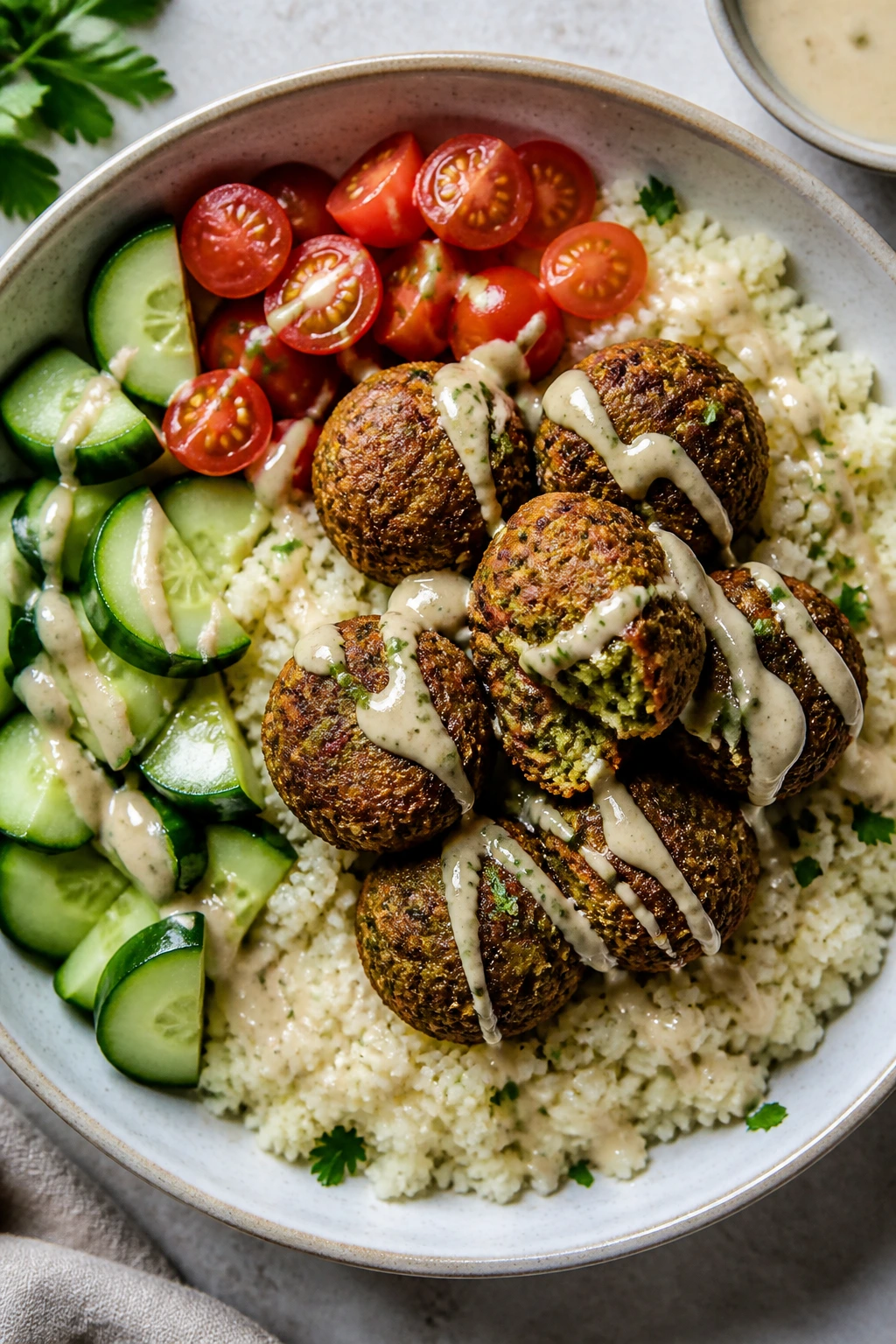 Bowl of falafel over cauliflower rice with cucumber and tomatoes