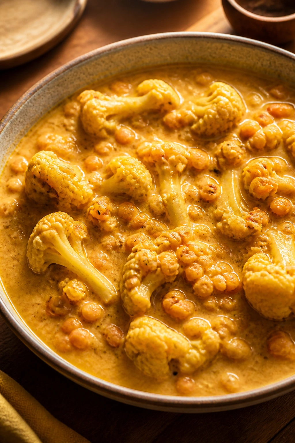 Close-up of cauliflower and red lentil curry in a bowl