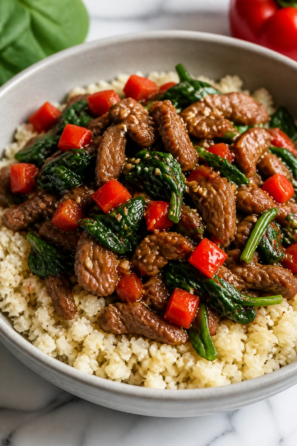 Beef bowl with cauliflower rice and veggies