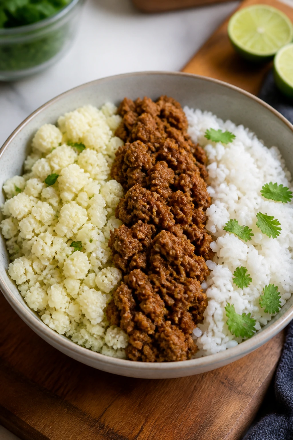 Burrito bowl with split base of cauliflower rice and white rice