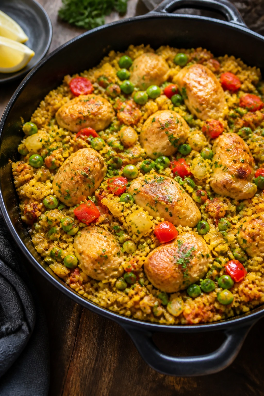 Cauliflower rice paella with chicken and peas in a skillet