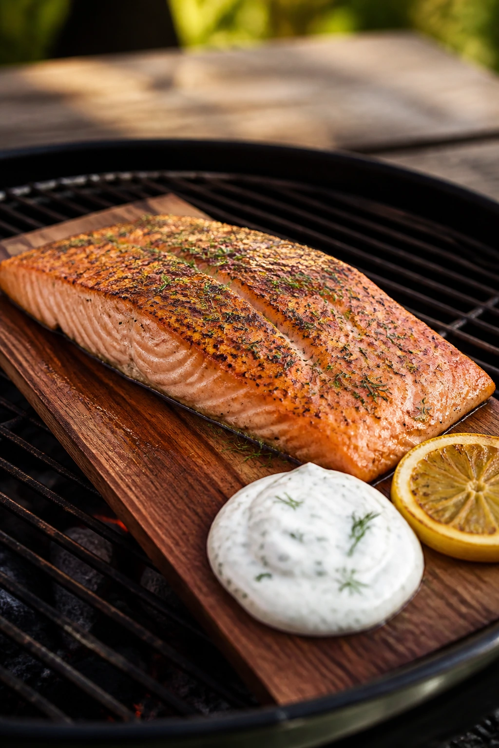 Cedar-plank salmon with dill yogurt on a grill outdoors