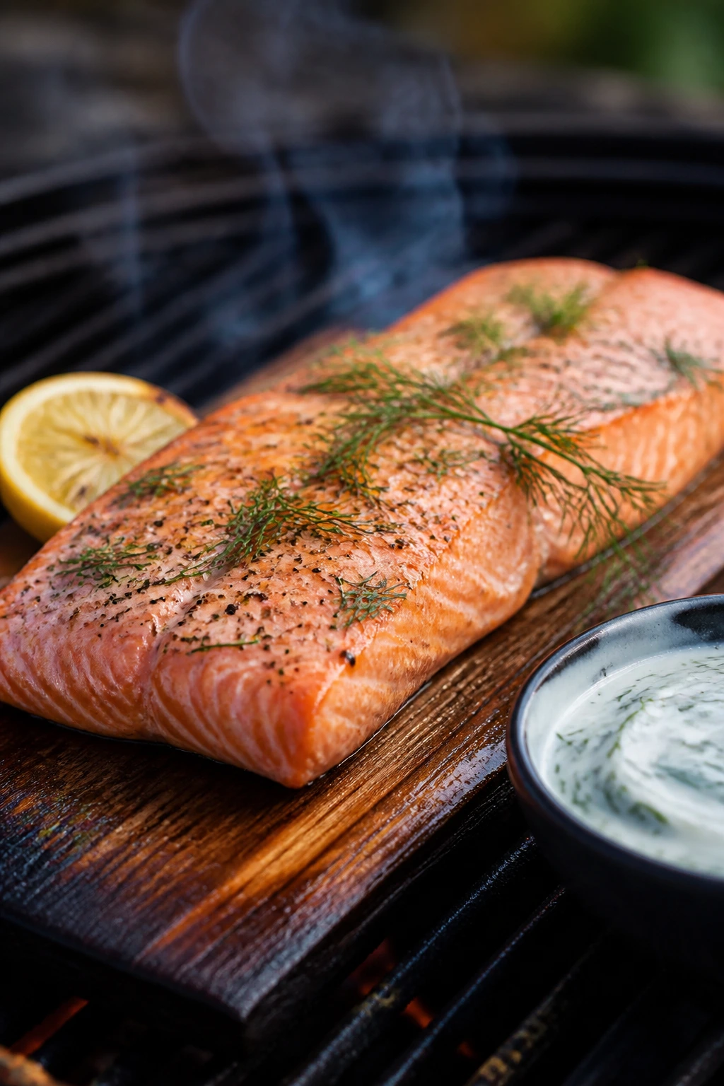 Salmon on cedar plank with dill yogurt sauce hint