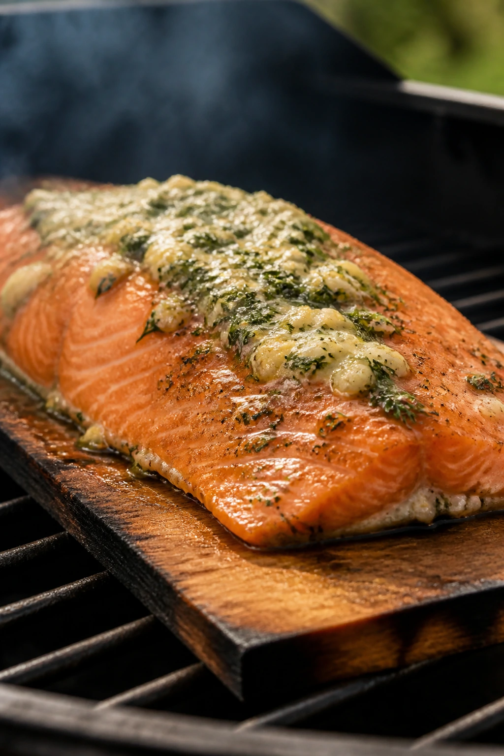 Cedar-smoked salmon with herb butter on cedar plank