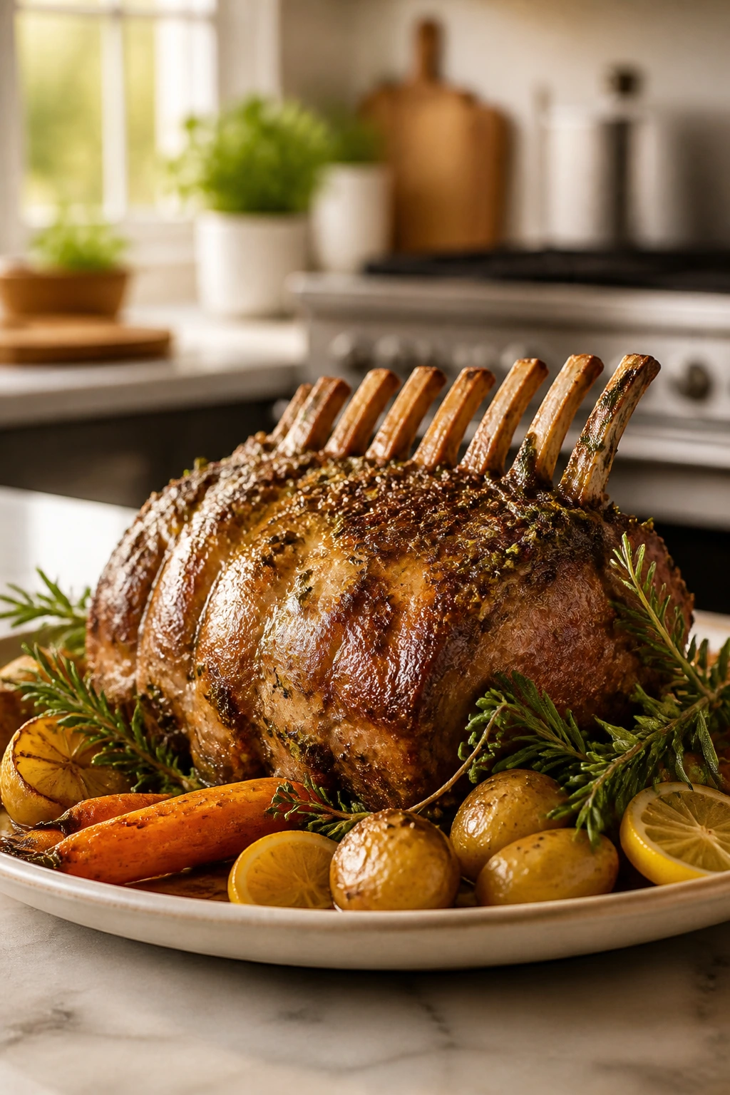 Close-up of a single elaborate centerpiece dish on a warm kitchen counter