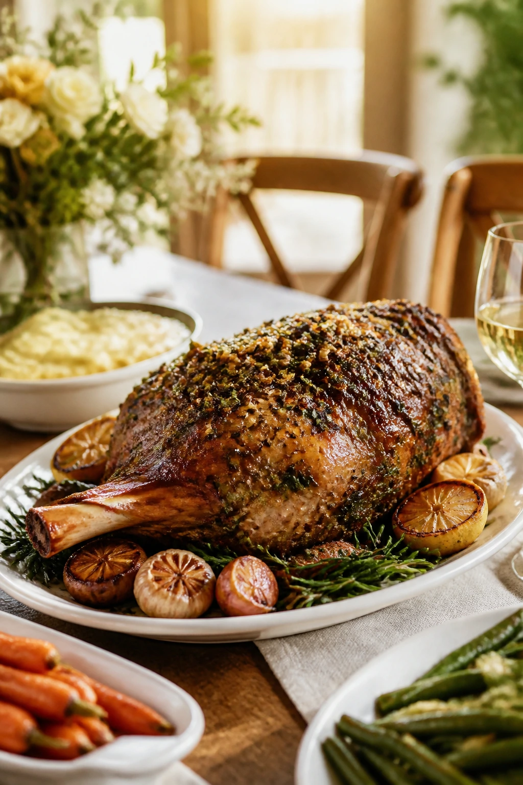 Close-up of a centerpiece roast on a dining table with warm light