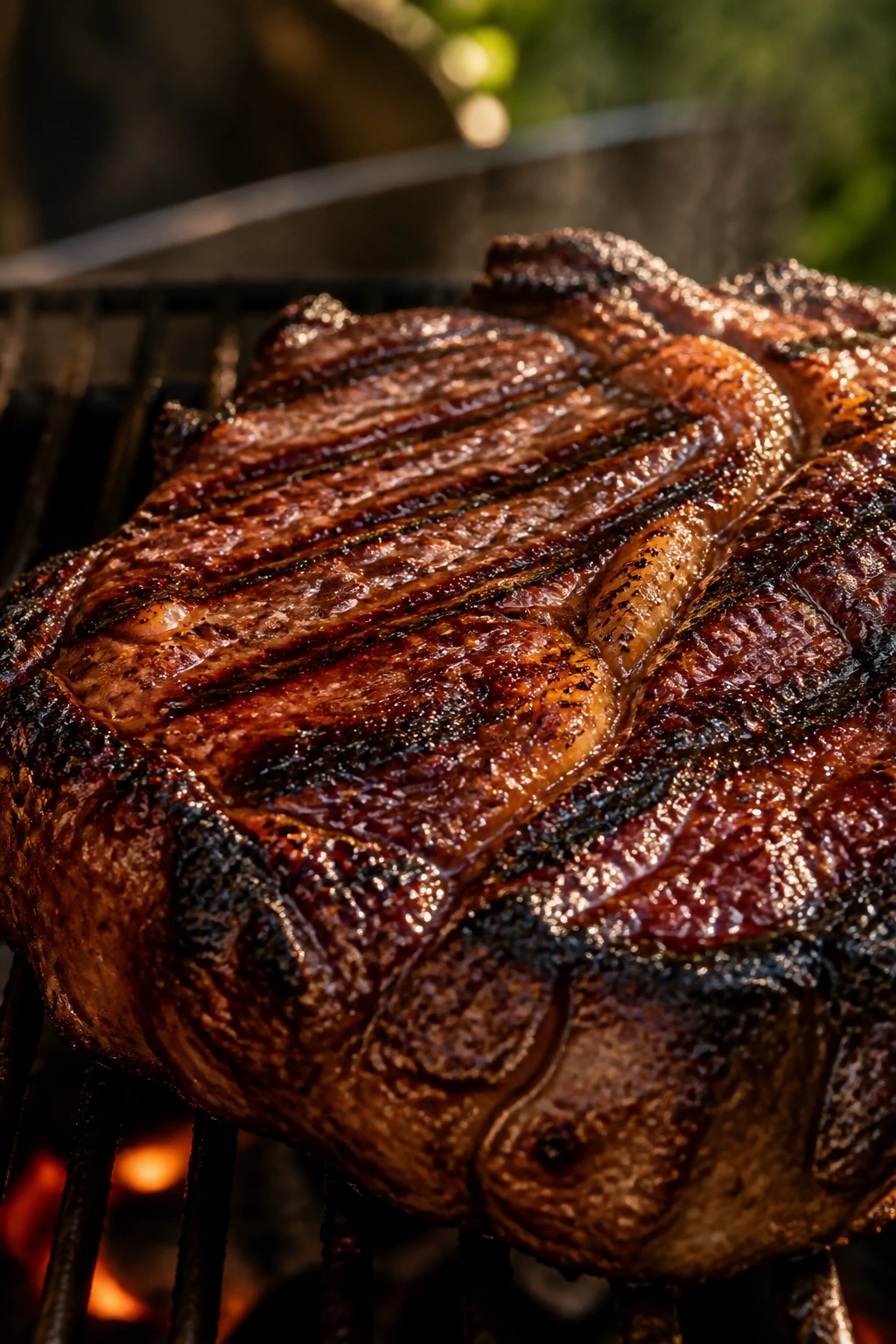 Charred steak with glaze on a backyard grill