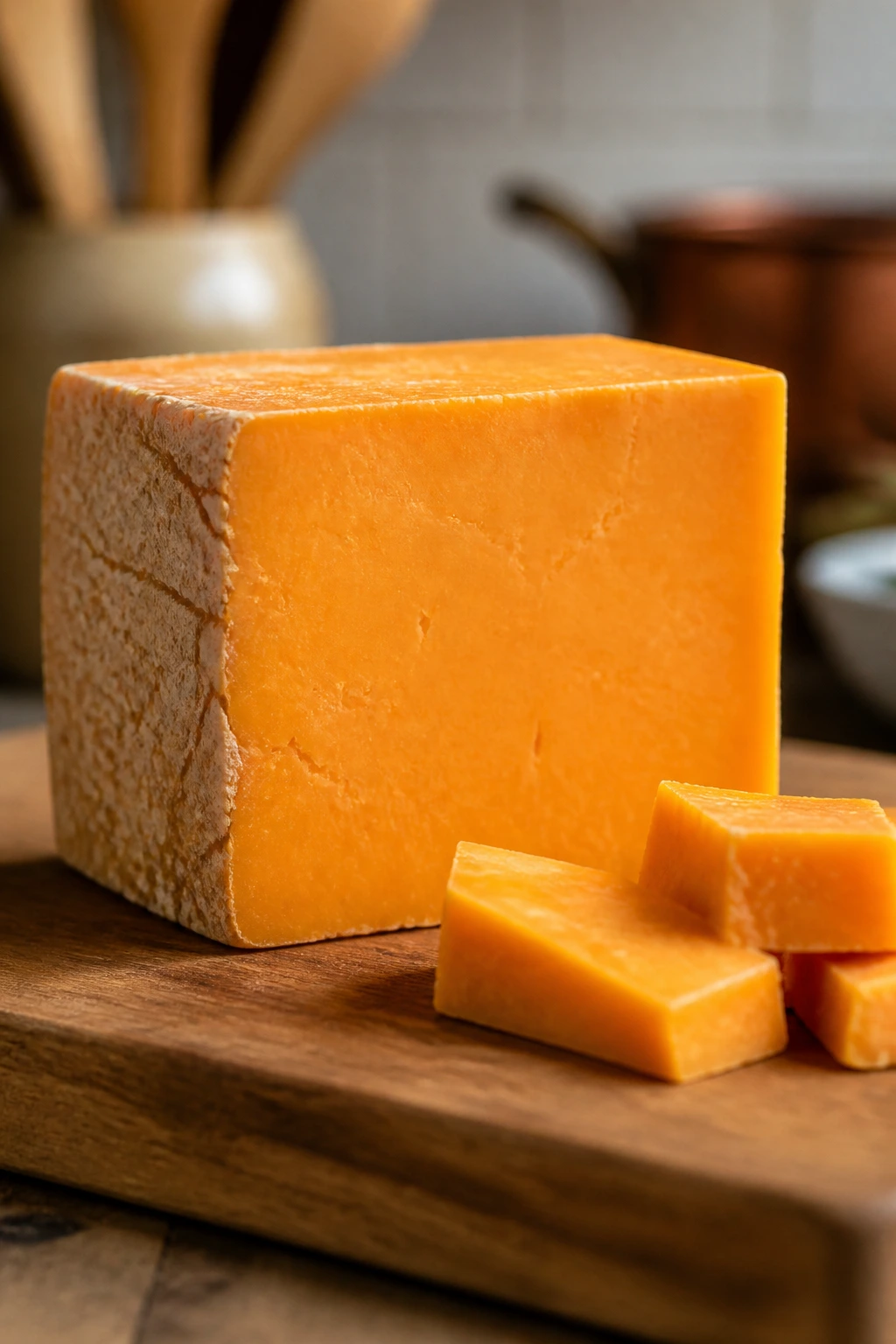 Cheddar cheese block on cutting board ready for grating