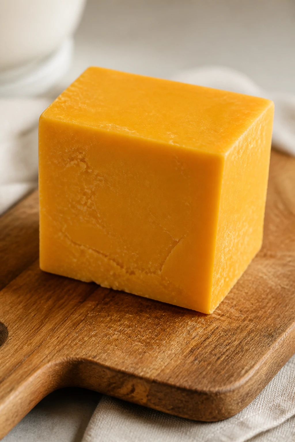 Block of cheddar cheese on a cutting board with soft light