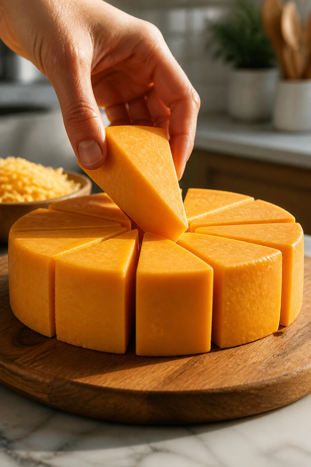 Hand selecting cheddar cheese in a bright kitchen