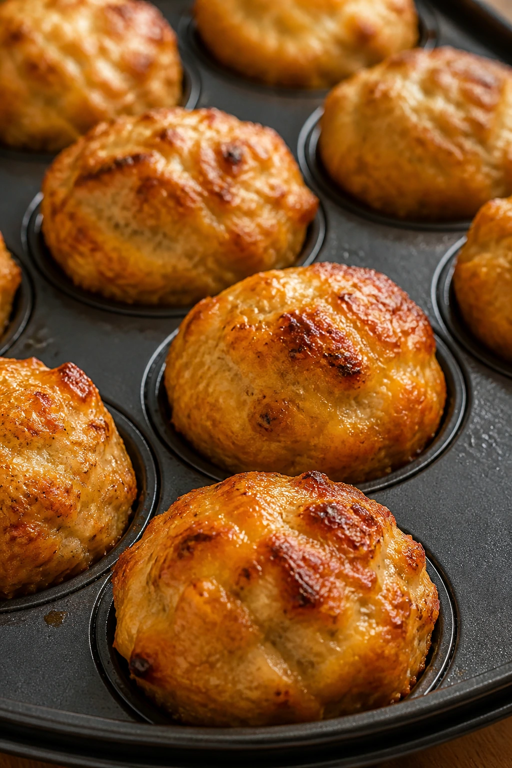 Close-up of cheddar chicken meatloaf muffins in muffin cups