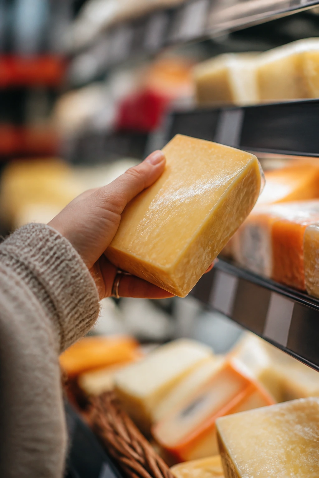 Close-up of shopper selecting cheese from grocery shelf to illustrate smart shopping for casseroles