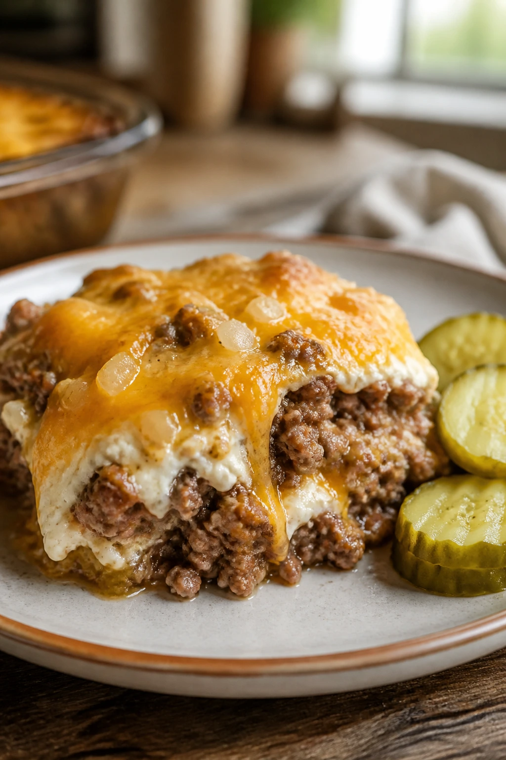 Plate of cheeseburger casserole with melted cheddar and pickles