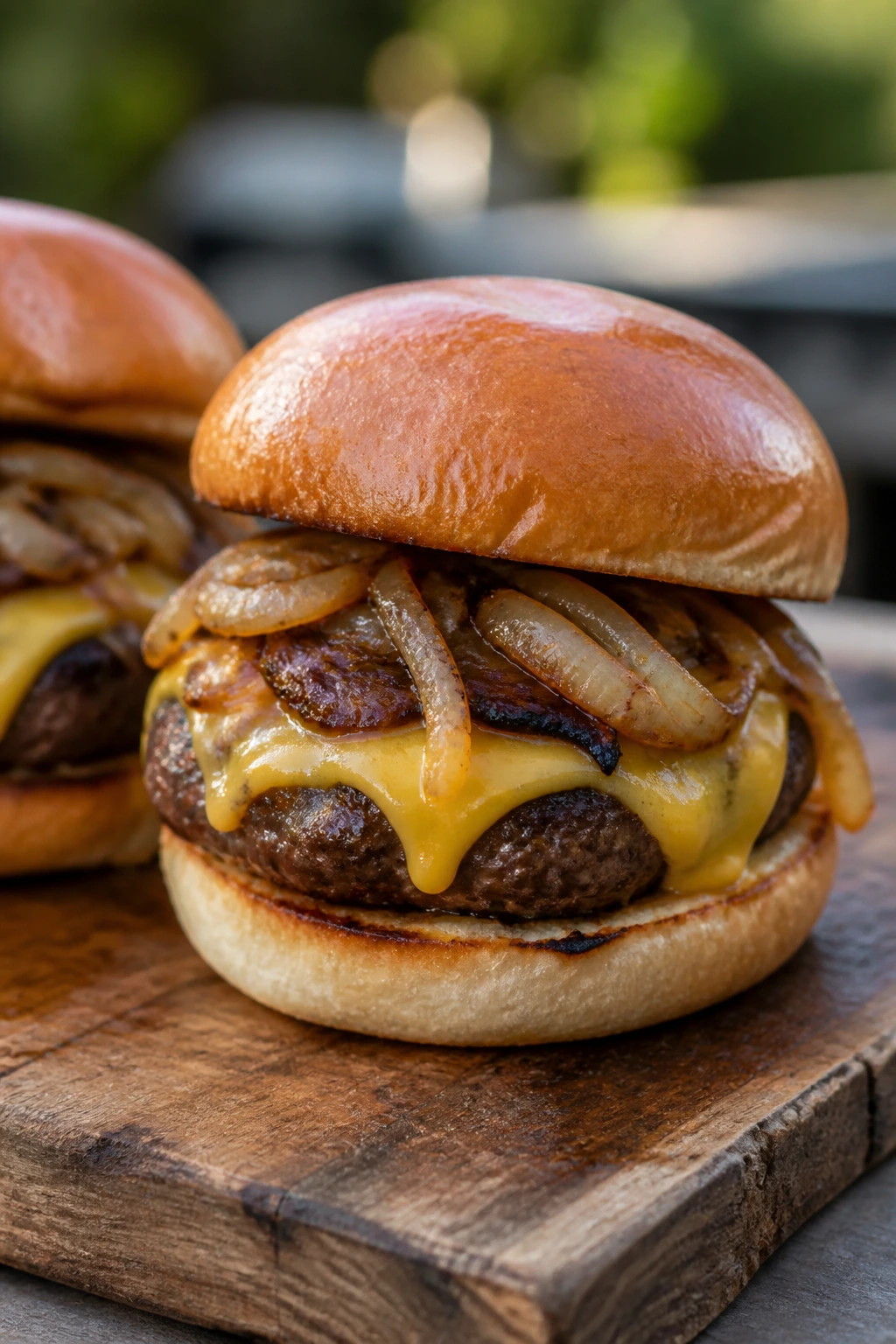 Juicy cheeseburger with melted cheese and grilled onions