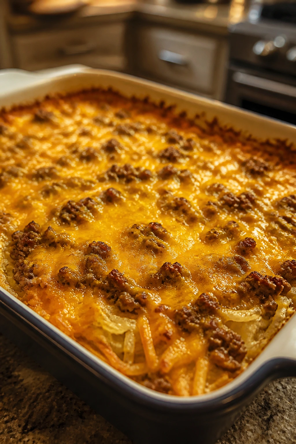 Close-up of Cheeseburger Hashbrown Casserole with melted cheddar
