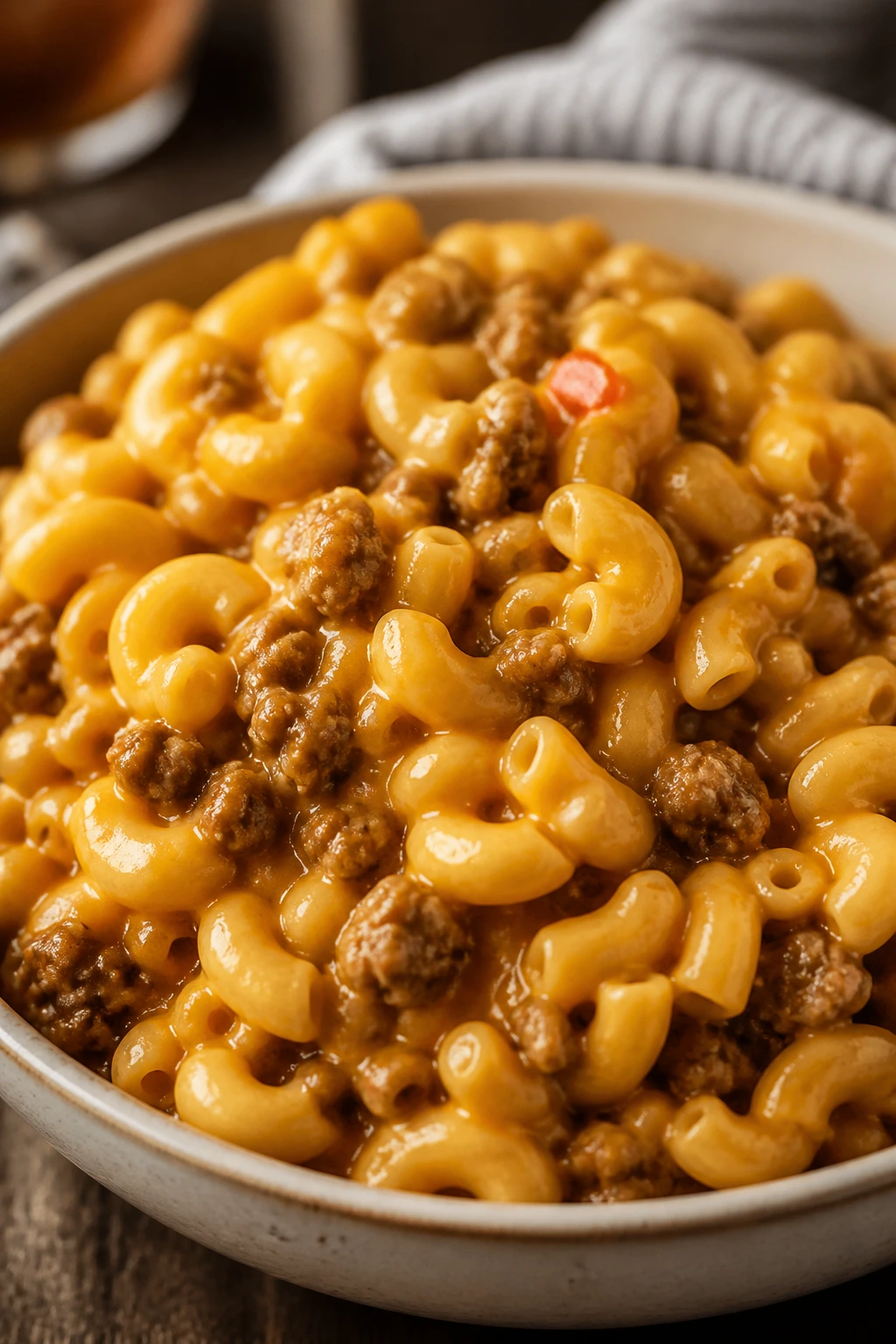 Creamy macaroni and cheese with ground beef in a bowl