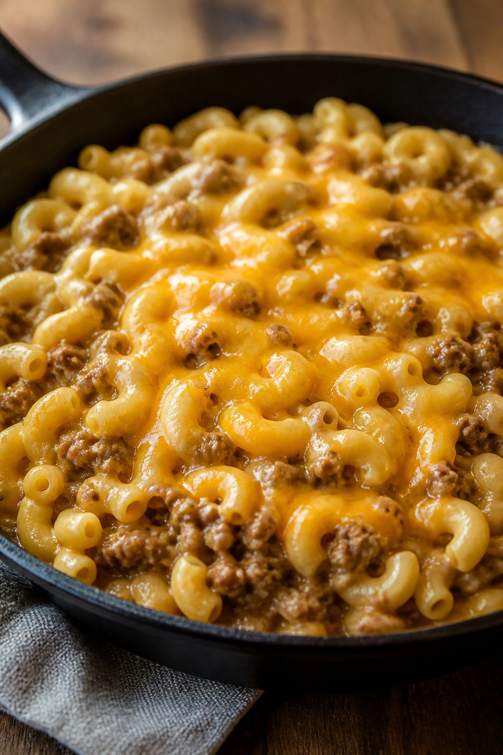 Creamy cheeseburger macaroni in a skillet with melted cheddar