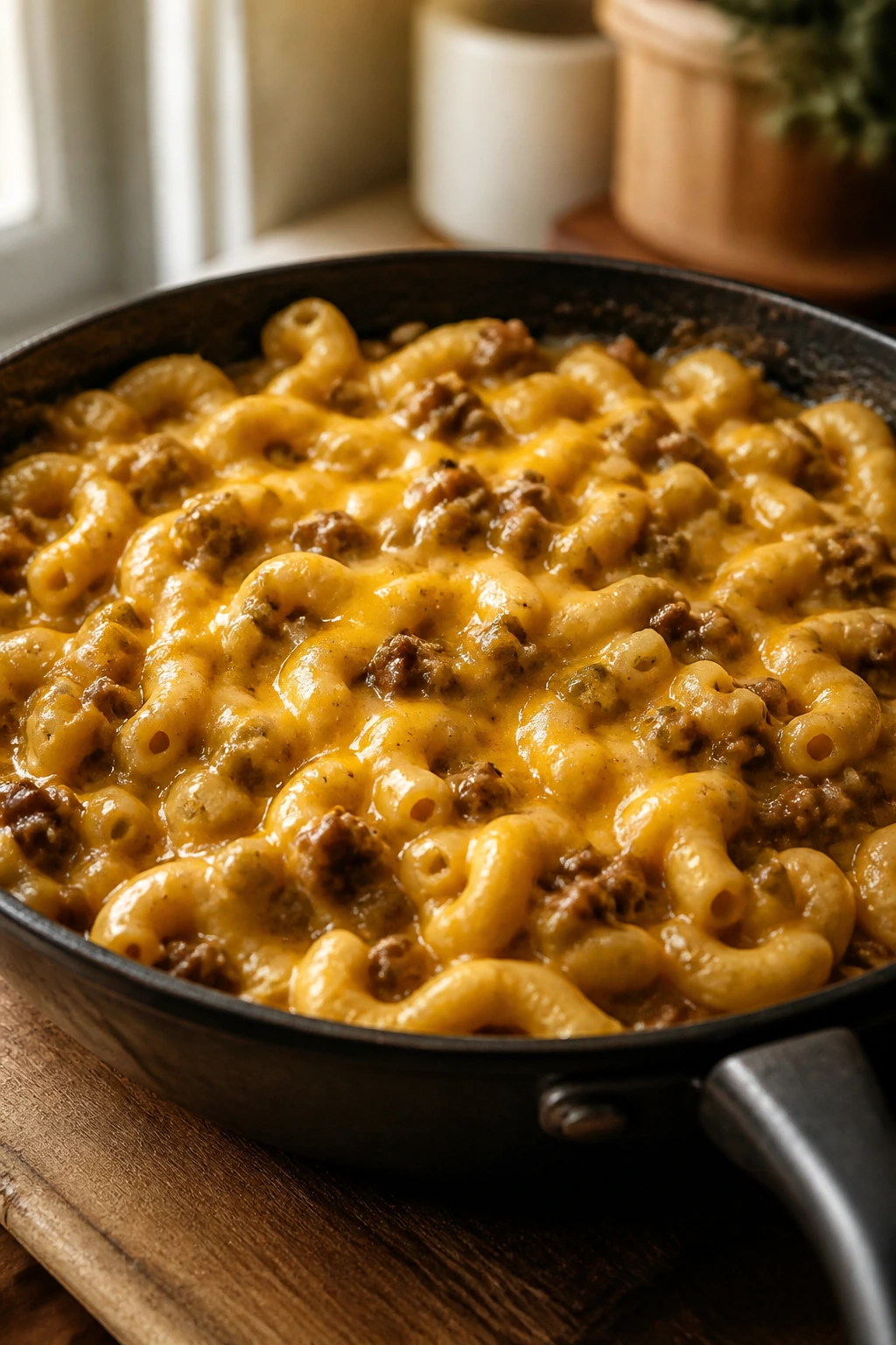 Creamy cheeseburger pasta in skillet with melted cheddar.