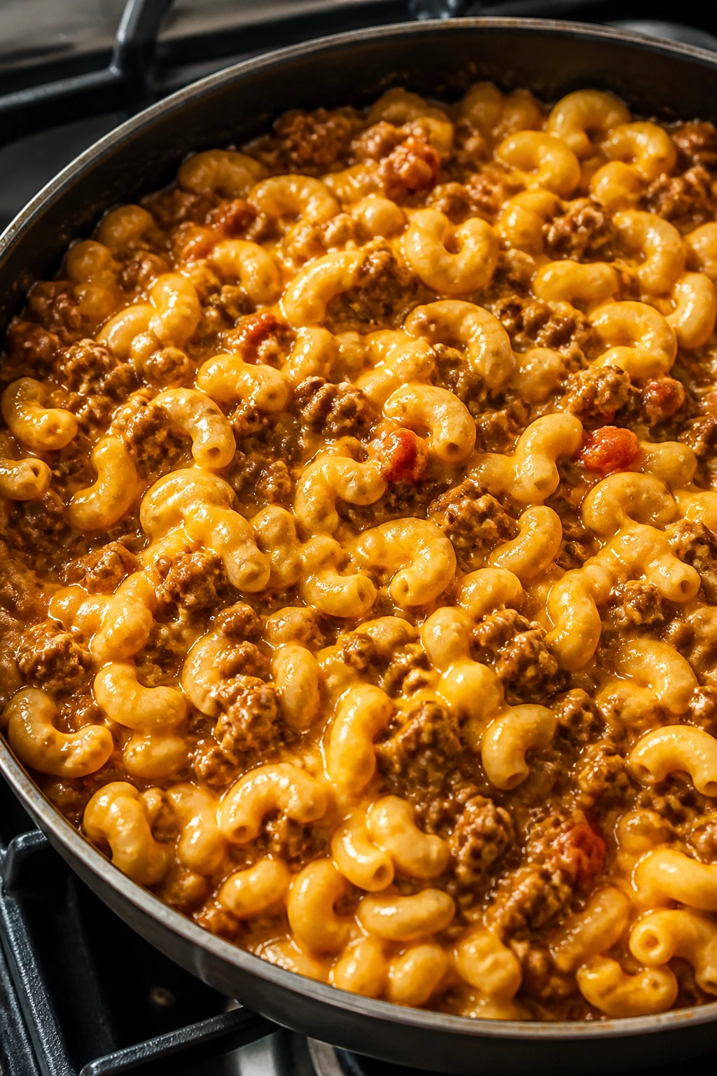 Creamy cheeseburger pasta in a skillet with beef and cheddar