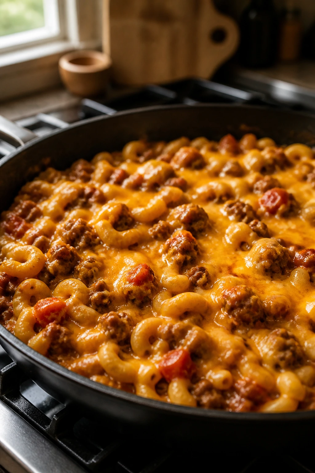Close-up of cheeseburger pasta in a skillet with beef and cheese