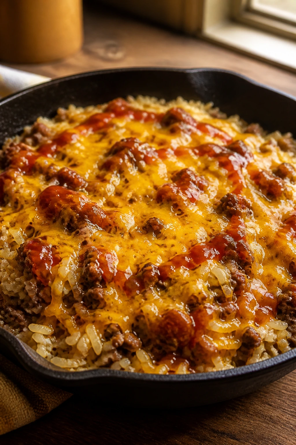 Close-up of a cheeseburger rice skillet with beef, cheddar, and rice in a home kitchen