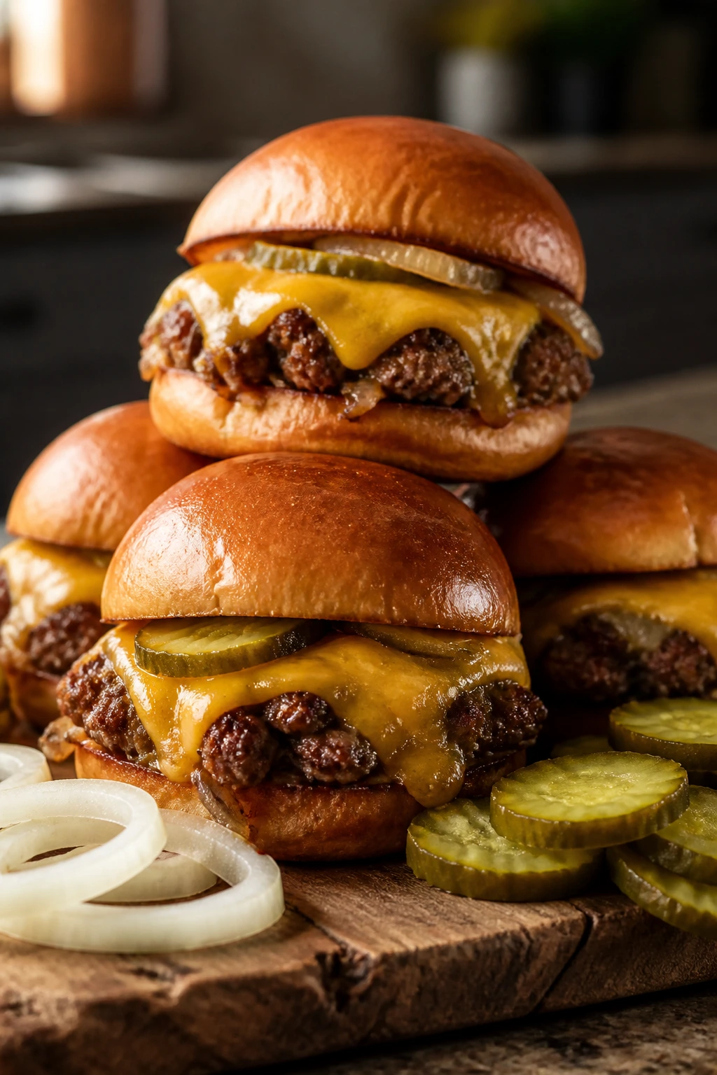 Cheeseburger sliders on wooden board