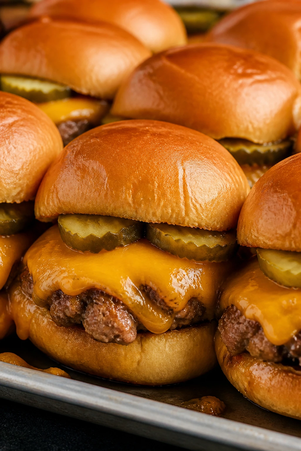 Close-up of several cheeseburger sliders with melted cheese