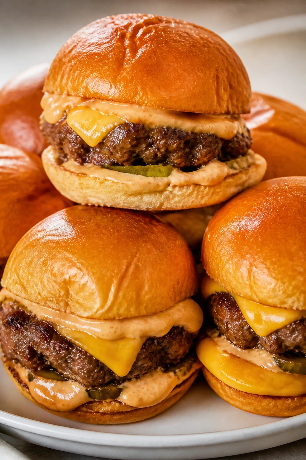 Close-up of cheeseburger sliders with melted cheese and sauce