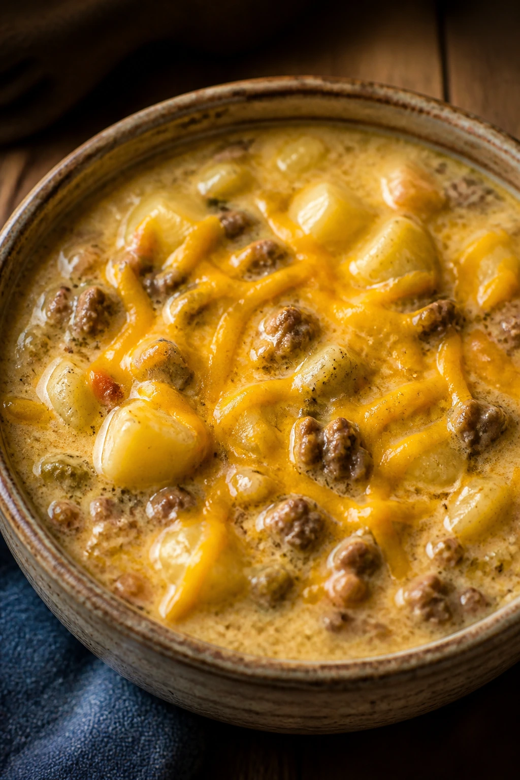 Close-up of cheeseburger soup with cheddar in a bowl