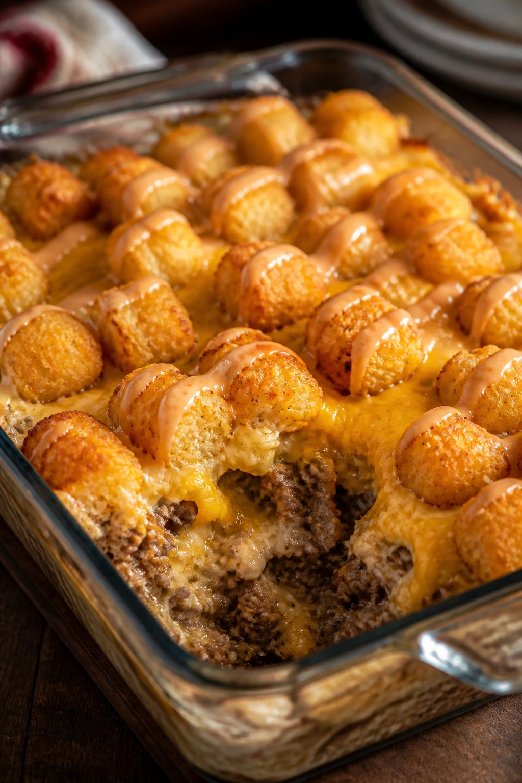 Close-up of cheeseburger tater tot casserole with crispy tots and melted cheese
