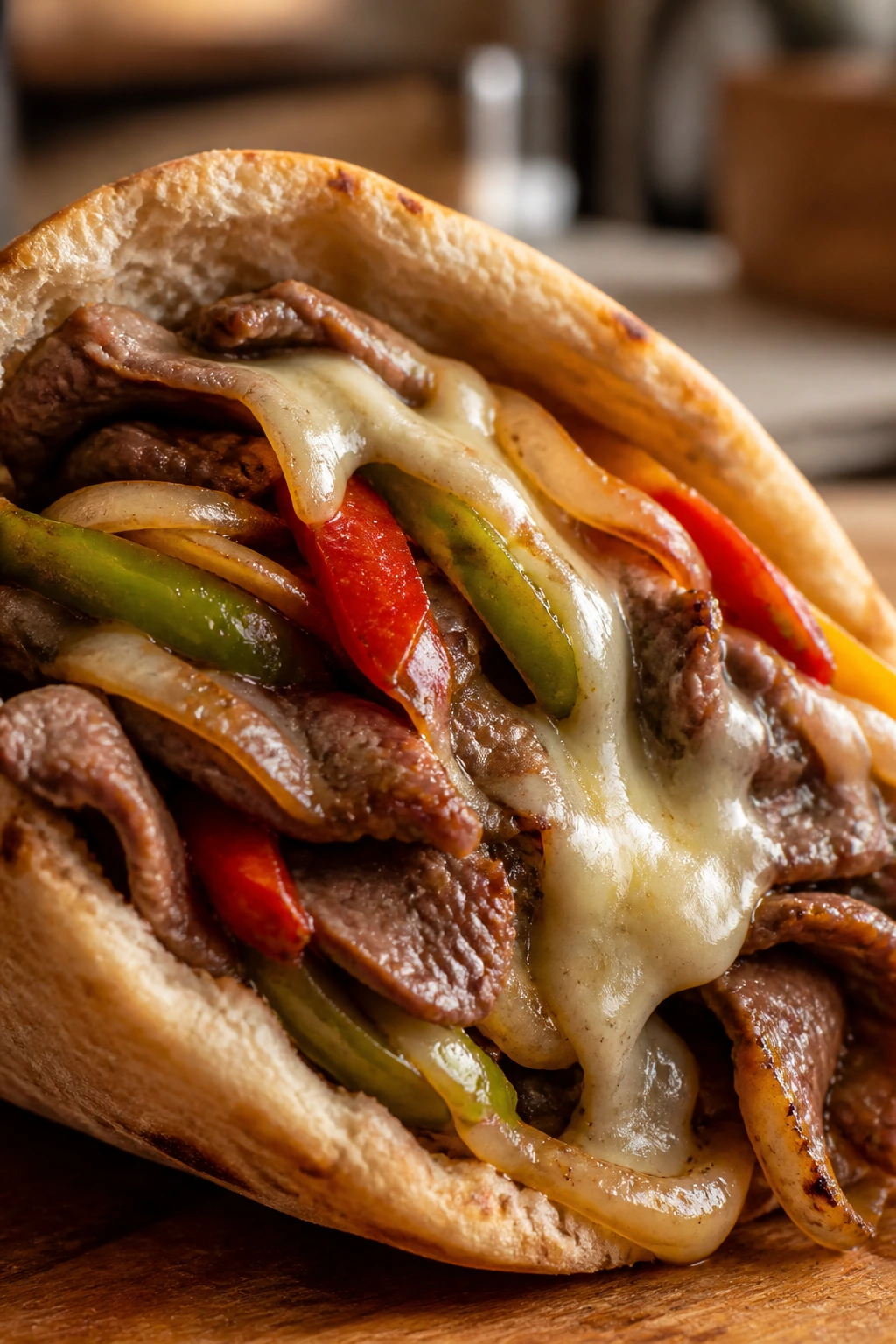 Pita stuffed with cheesesteak filling and melted provolone with peppers and onions