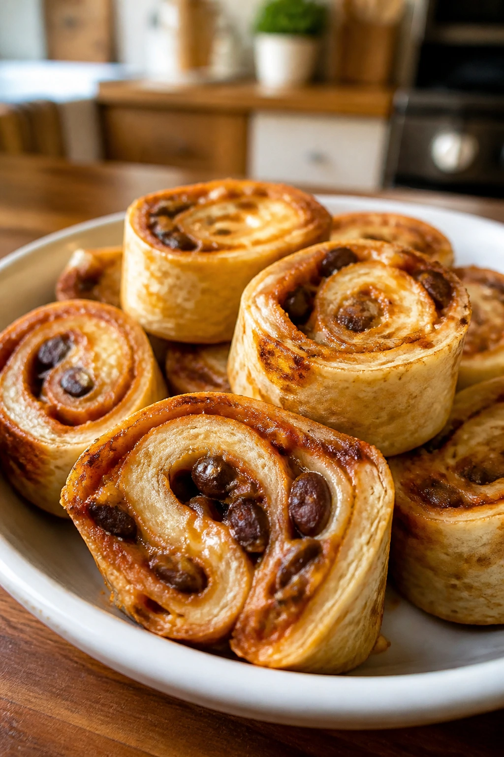 Sliced cheesy bean enchilada roll-ups on a plate