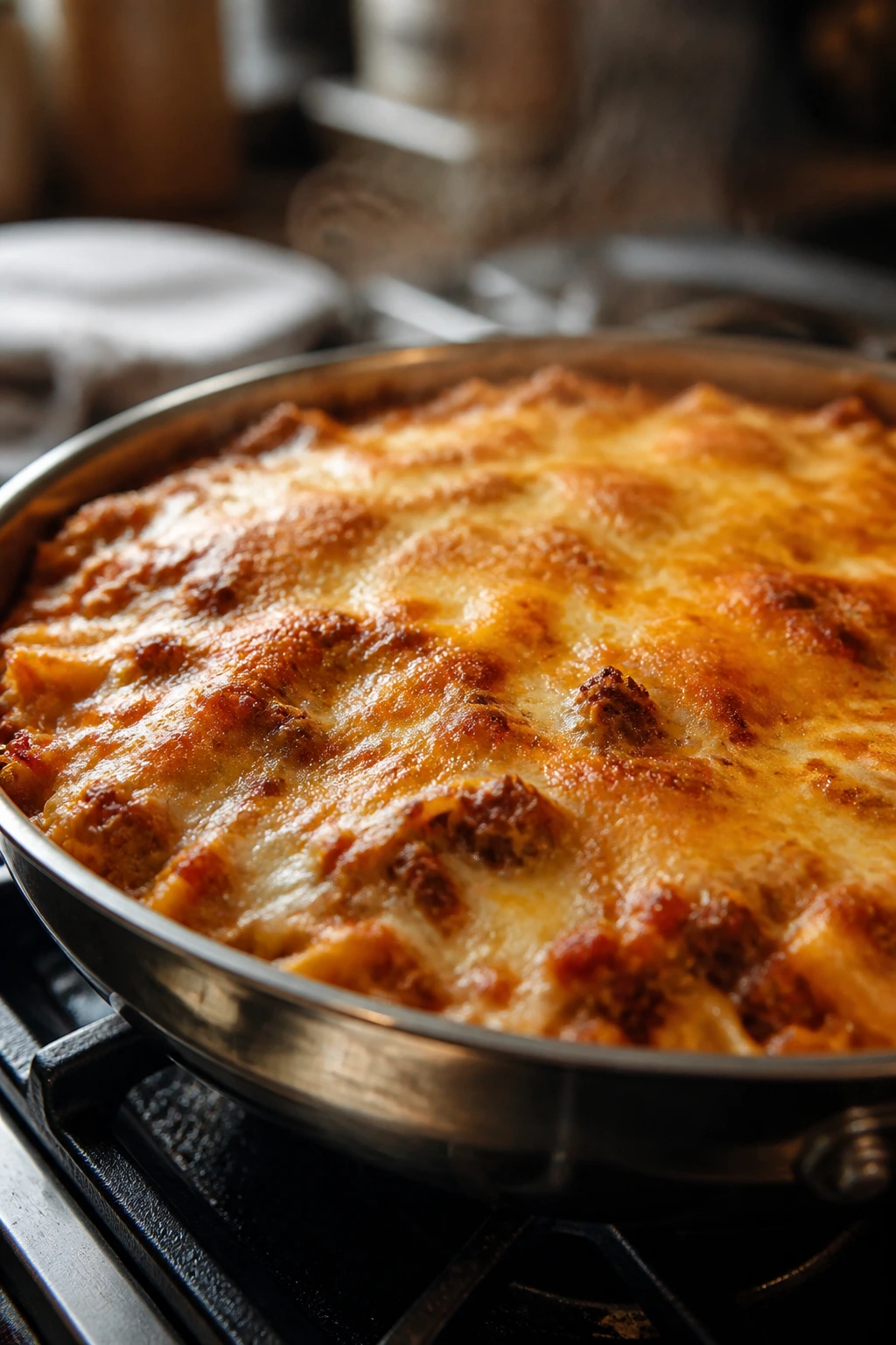 Golden crust cheesy beef casserole in a metal pan on stove
