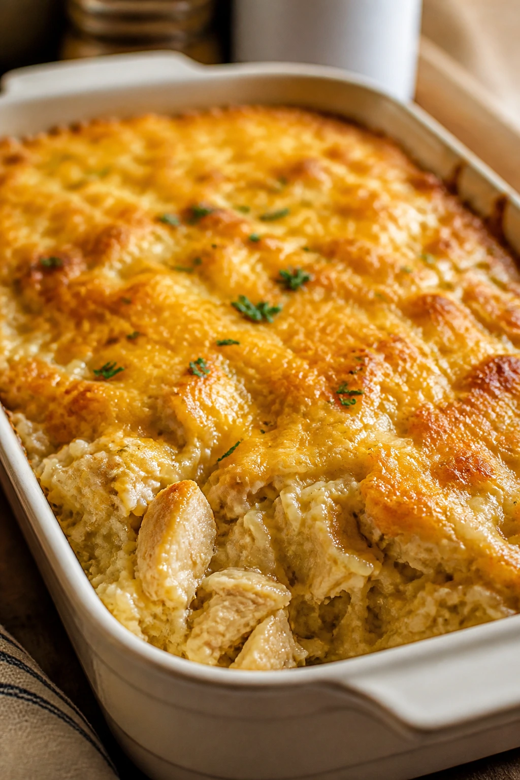 Creamy cheesy chicken and rice casserole in a baking dish