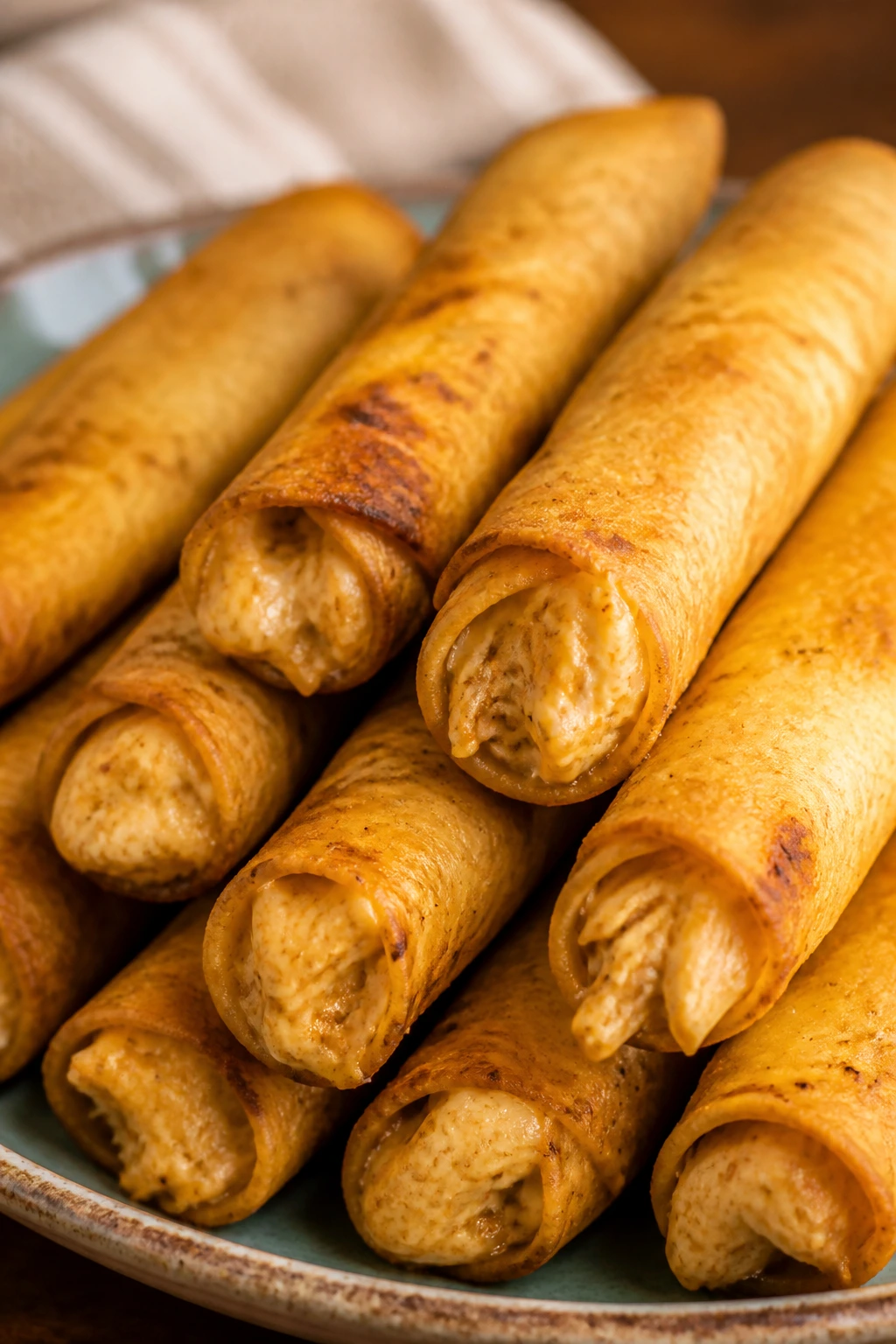 Crispy cheesy chicken taquitos on plate