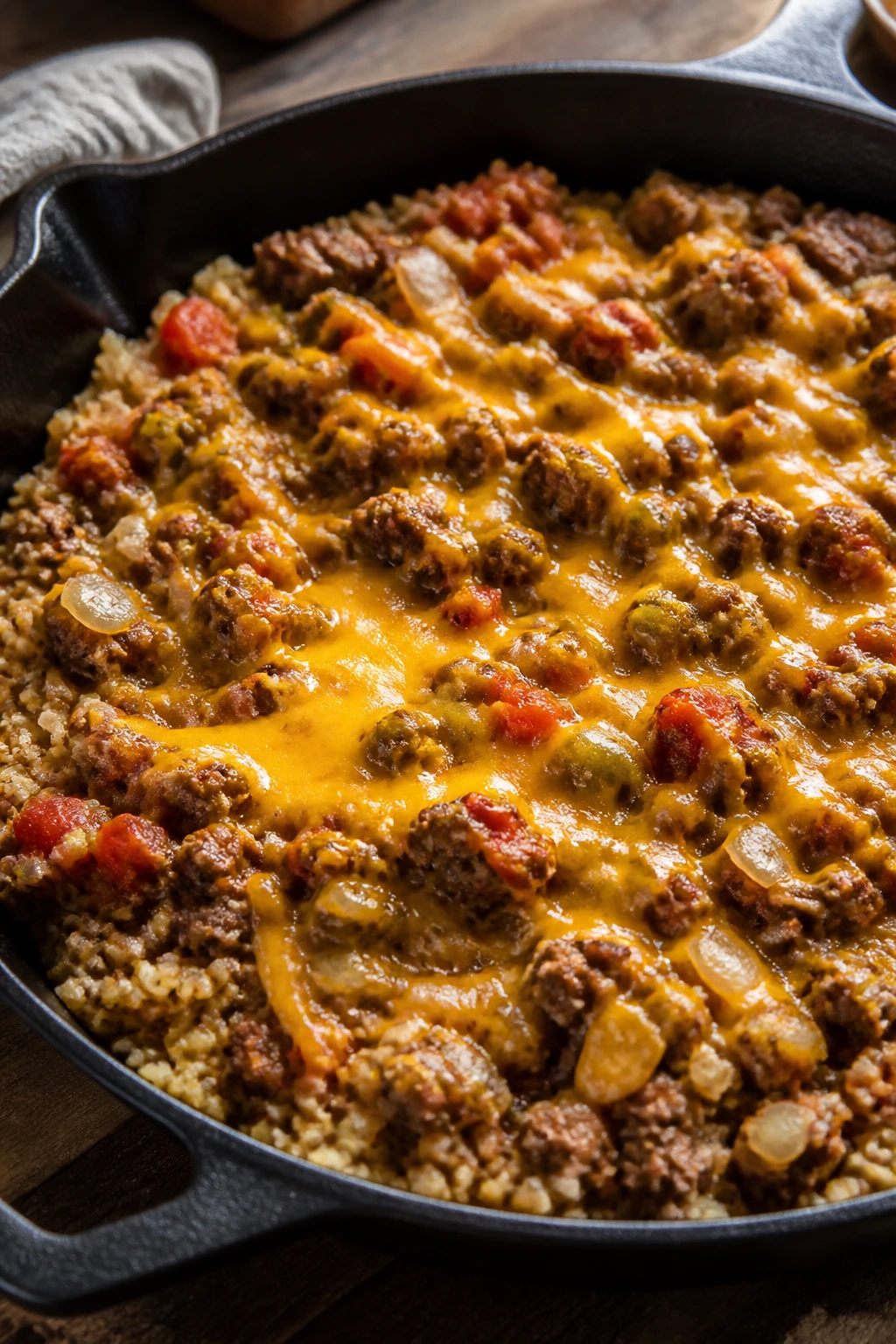Close-up of a cheesy taco skillet with beef, cheddar, and cauliflower rice