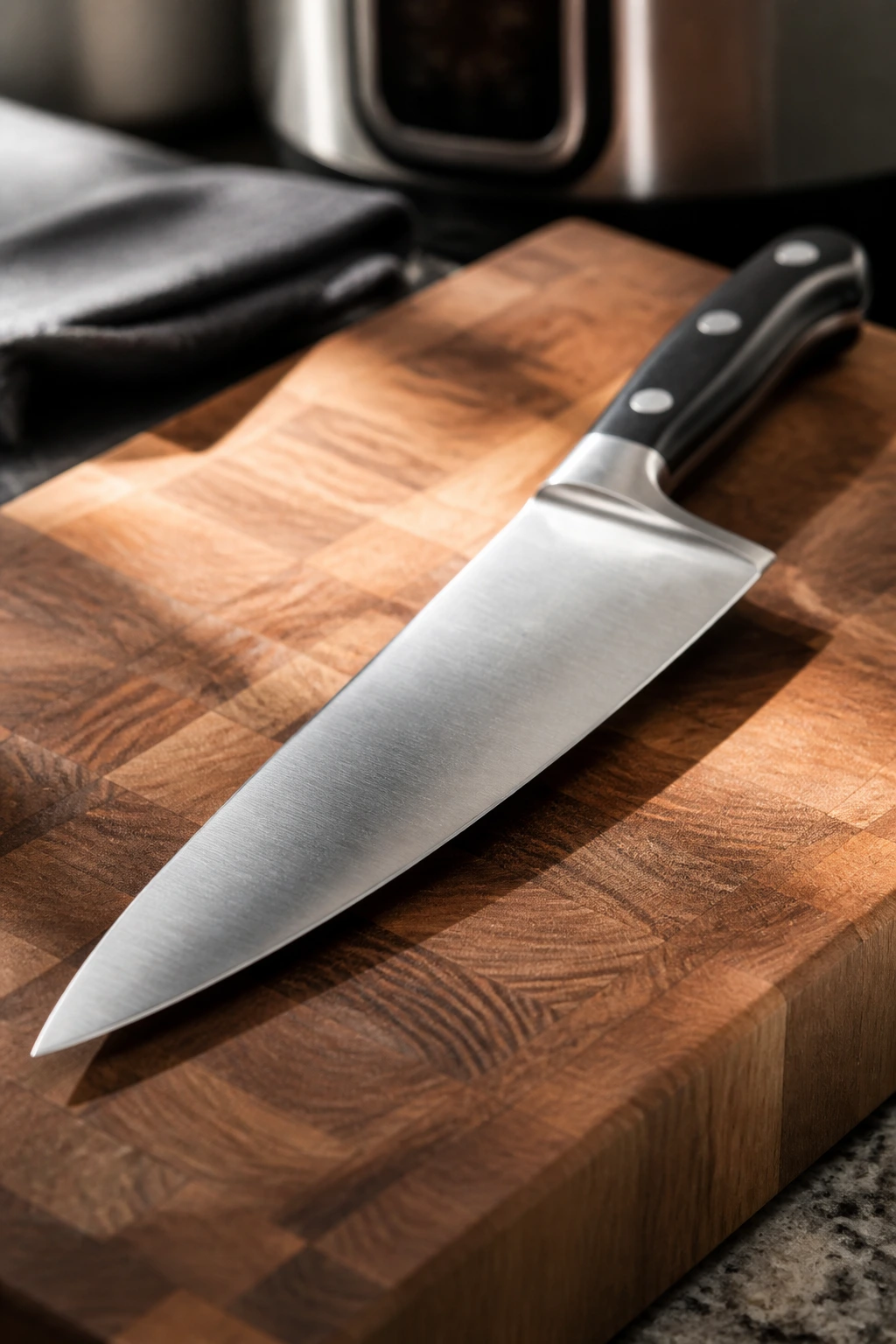 Close-up of a sharp chef's knife on a cutting board