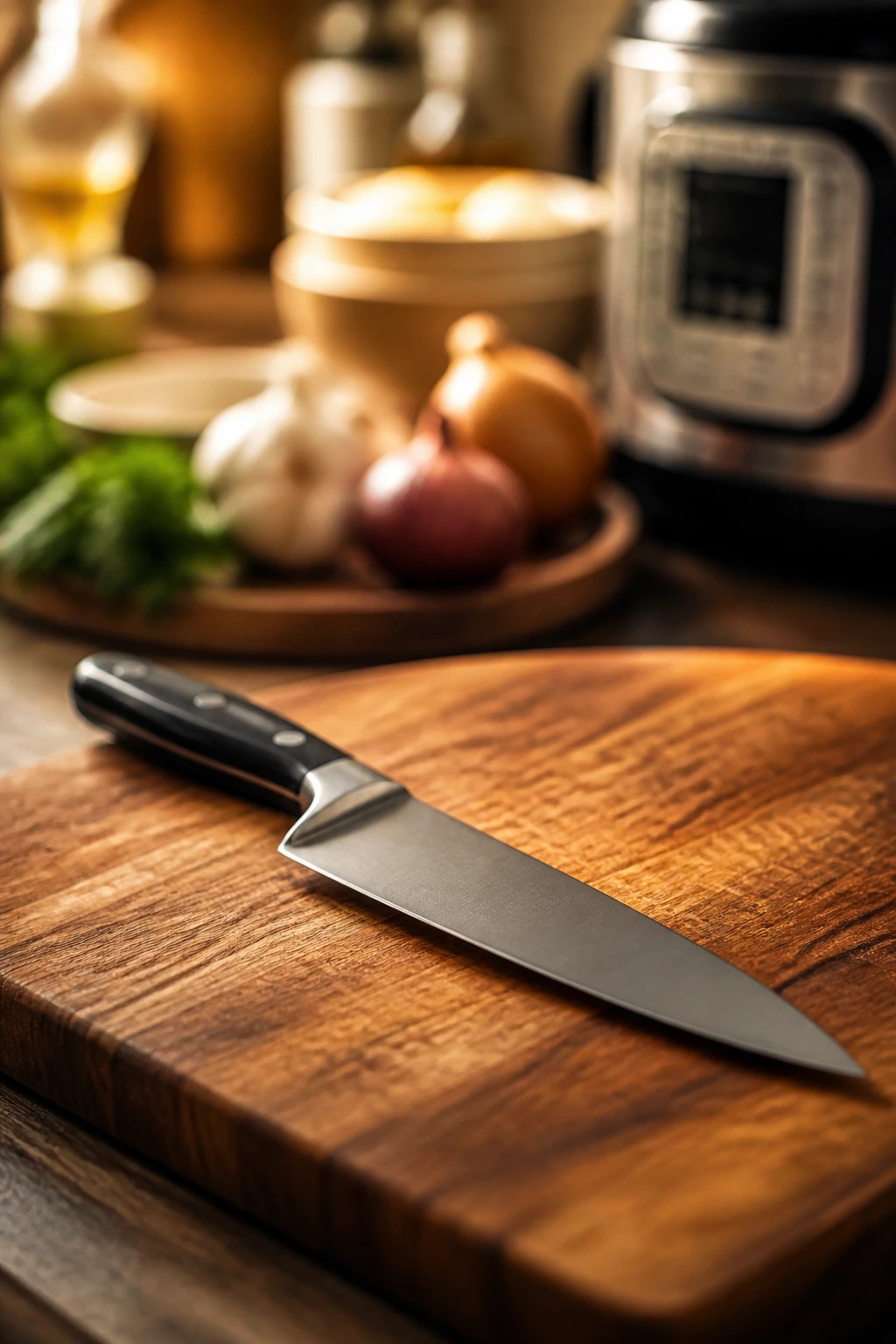 Chef's knife on cutting board in a warm kitchen